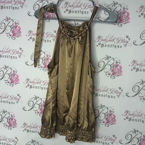 Smart set Silky Brown gold top cinched sexy ribbon tie with Ruffle halter